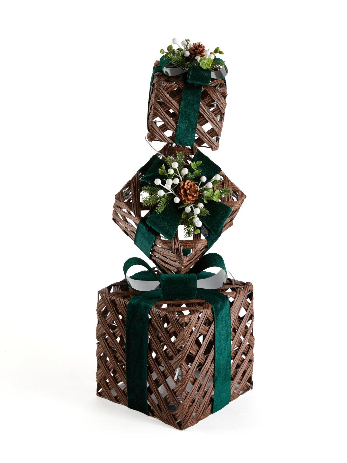 Image 2 of 7 of Festive Lit Light Faux Rattan Present Stack With Green Ribbon