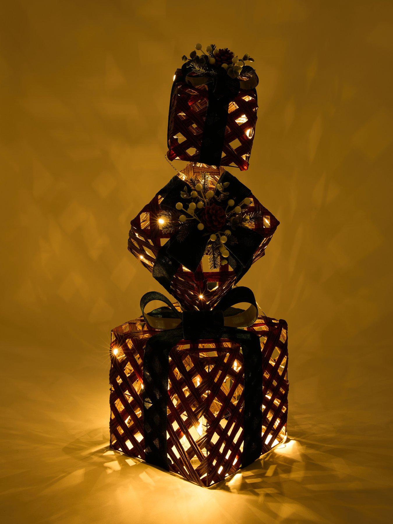 Image 3 of 7 of Festive Lit Light Faux Rattan Present Stack With Green Ribbon