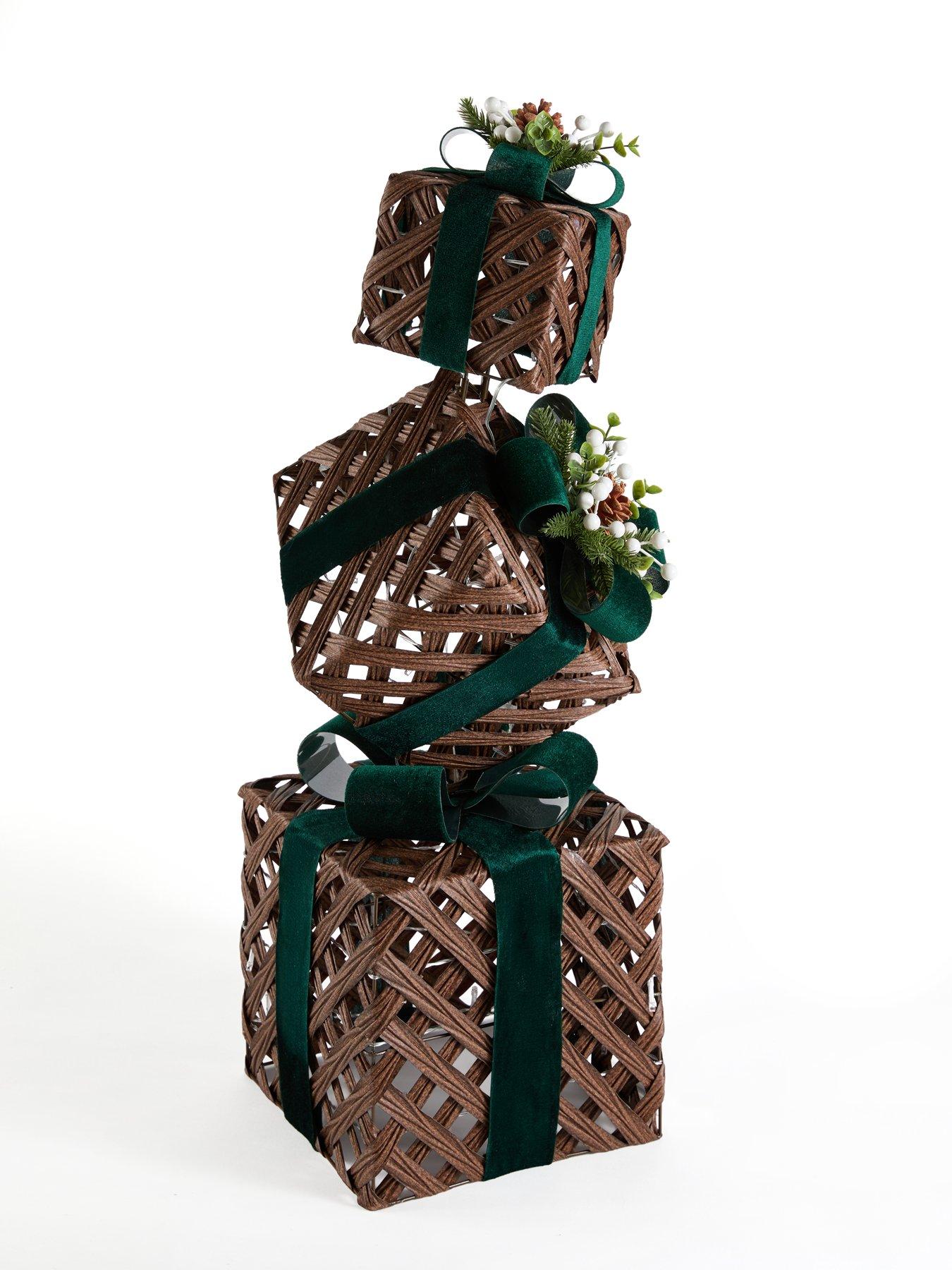 Image 4 of 7 of Festive Lit Light Faux Rattan Present Stack With Green Ribbon