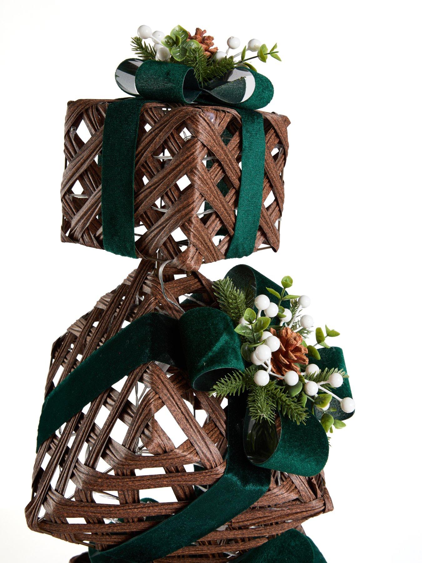 Image 5 of 7 of Festive Lit Light Faux Rattan Present Stack With Green Ribbon