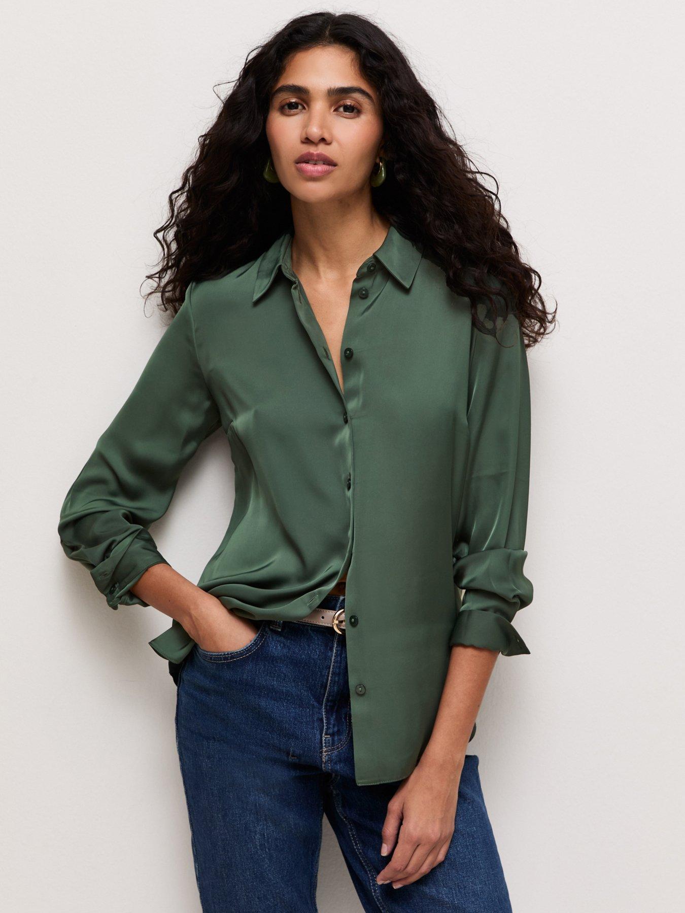 Image 1 of 5 of New Look Green Satin Long Sleeve Shirt