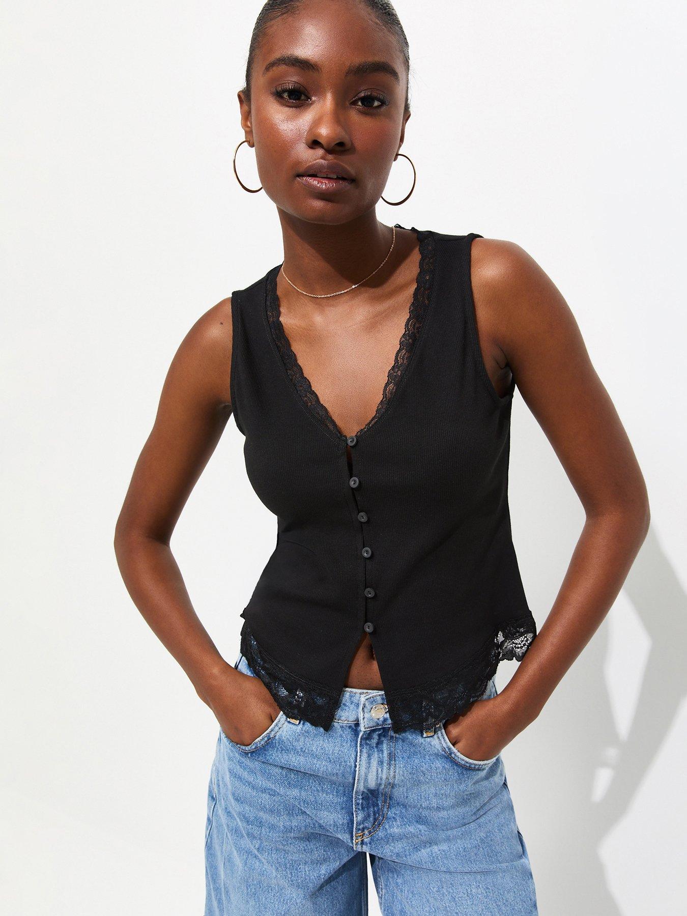 Image 1 of 5 of New Look Lace Trim Button Up Ribbed Vest - Black