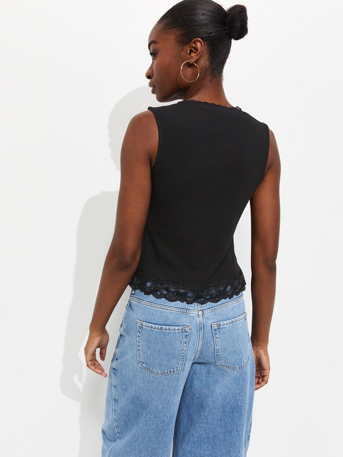 Image 2 of 5 of New Look Lace Trim Button Up Ribbed Vest - Black