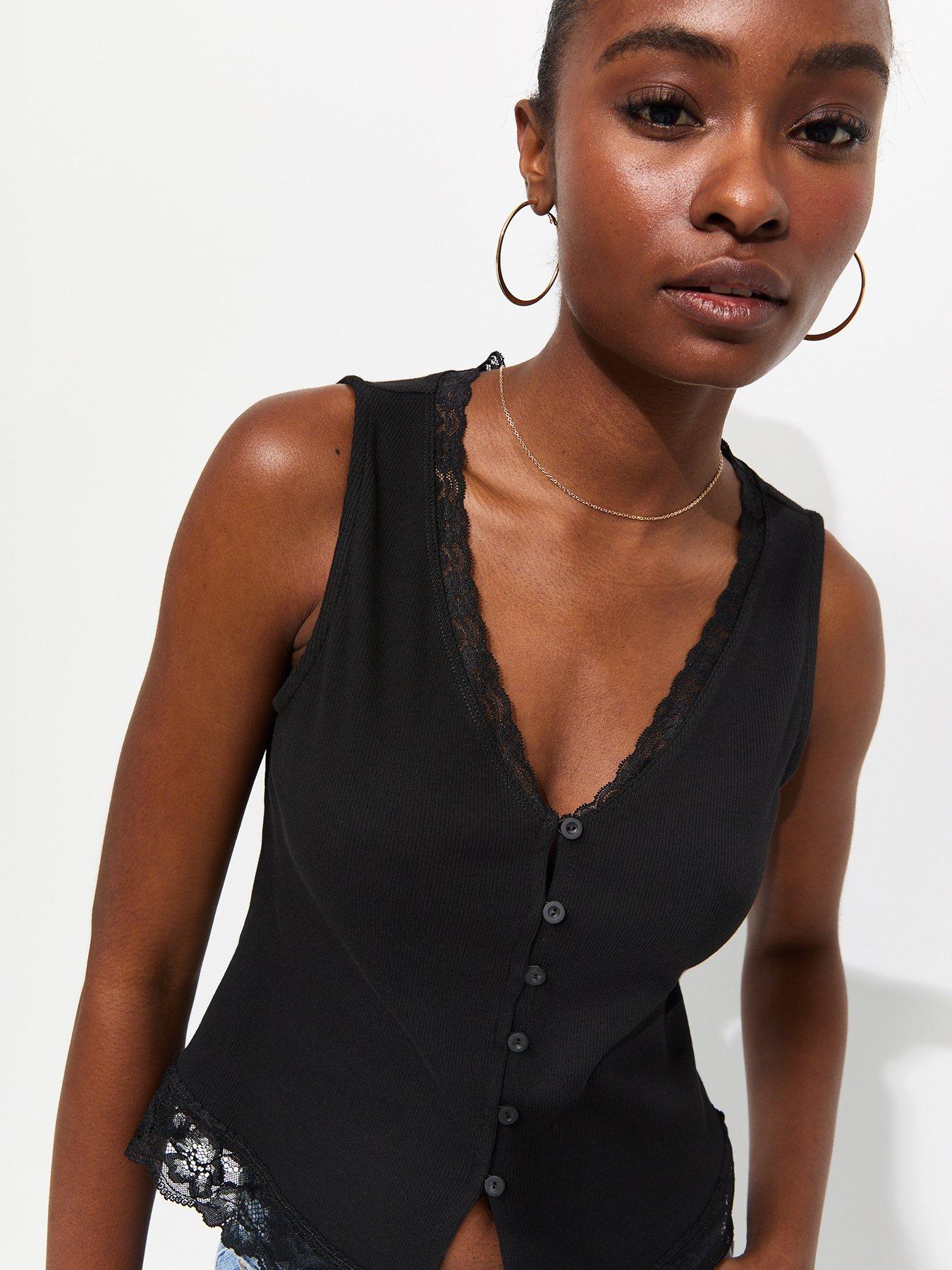 Image 4 of 5 of New Look Lace Trim Button Up Ribbed Vest - Black