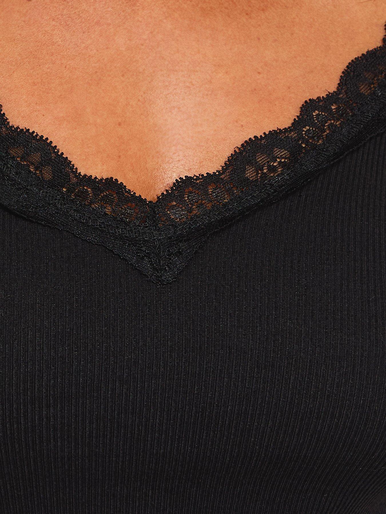 Image 5 of 5 of New Look Cotton Rich Ribbed Lace Trim V Neck T-Shirt - Black