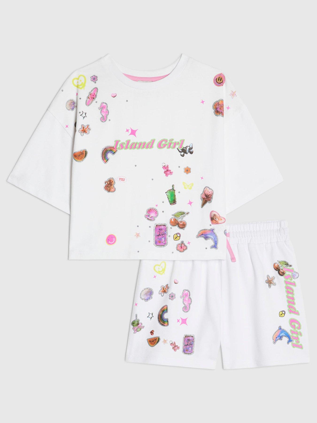 Image 1 of 4 of River Island Older Girls Girl Sticker T-Shirt And Shorts Set - White