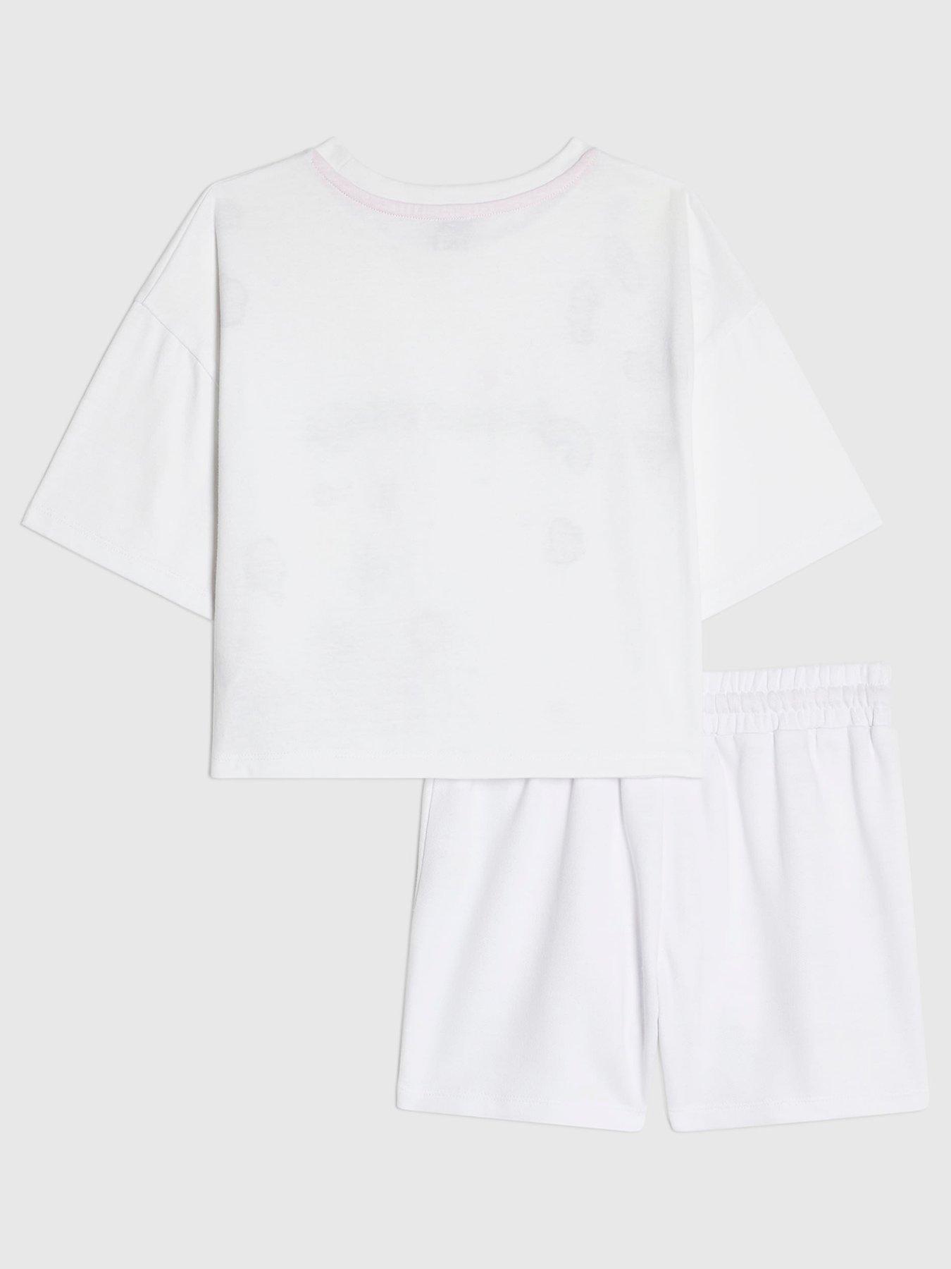Image 2 of 4 of River Island Older Girls Girl Sticker T-Shirt And Shorts Set - White
