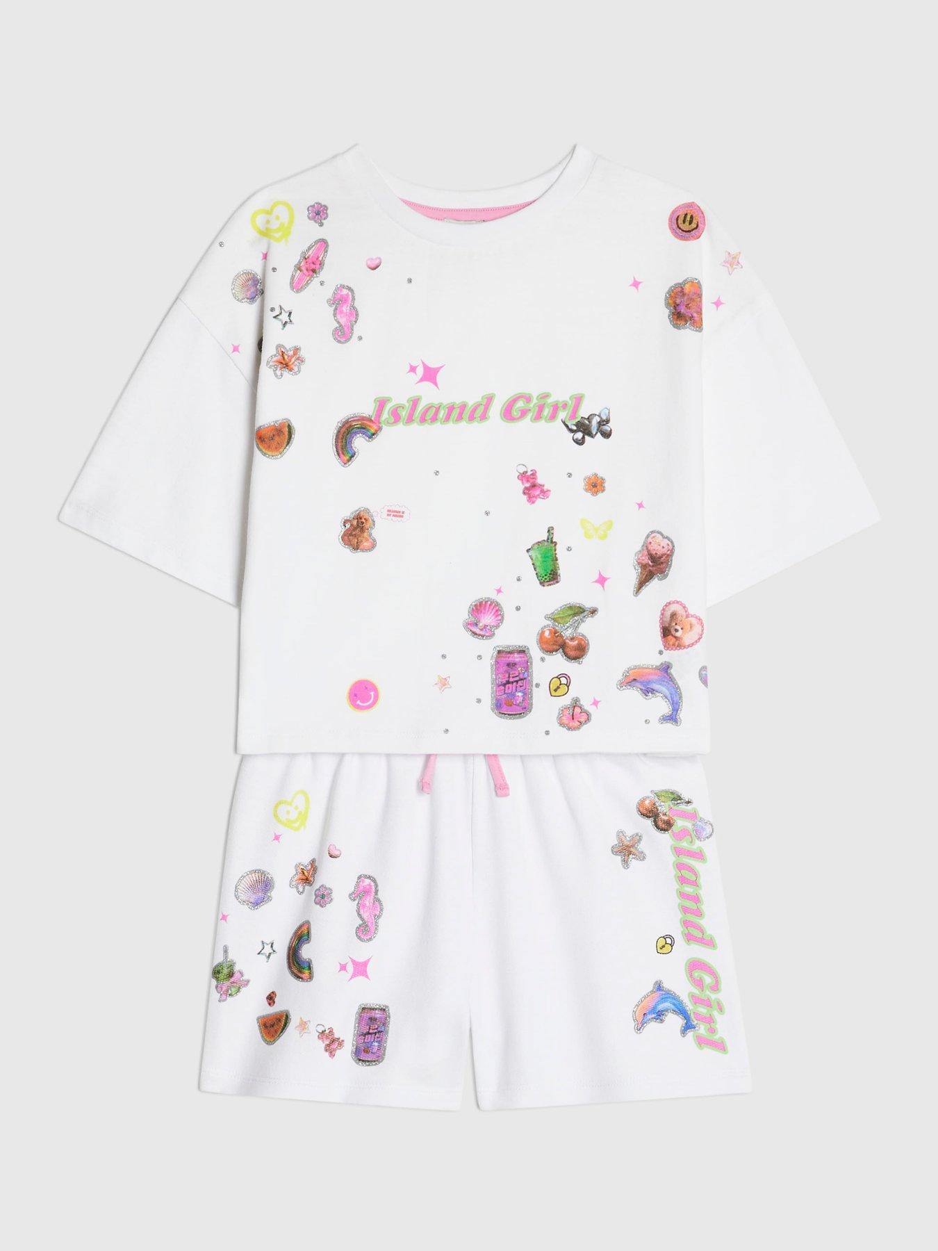 Image 3 of 4 of River Island Older Girls Girl Sticker T-Shirt And Shorts Set - White