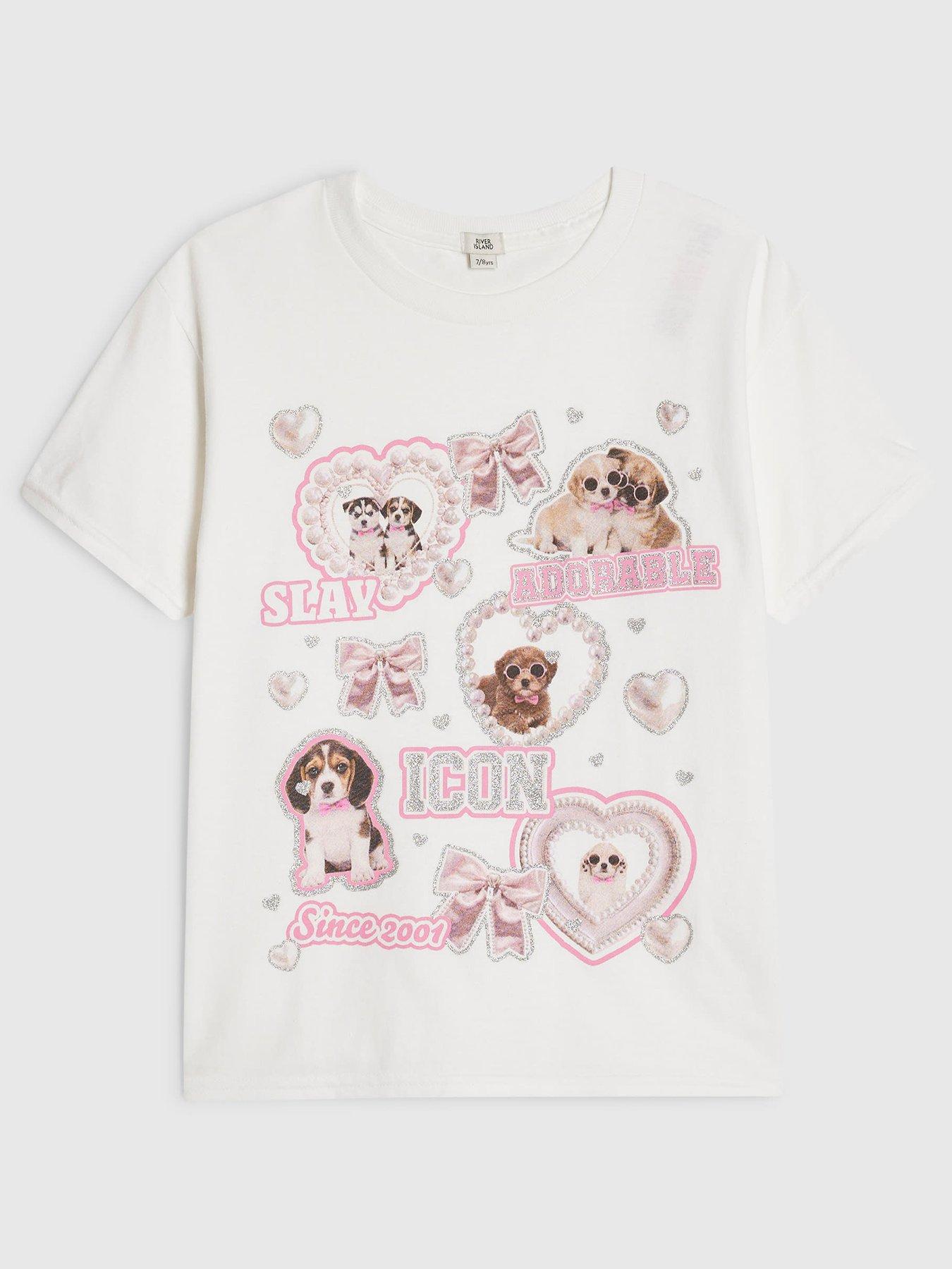 River Island Older Girls Glitter Dog Heart T-Shirt - White