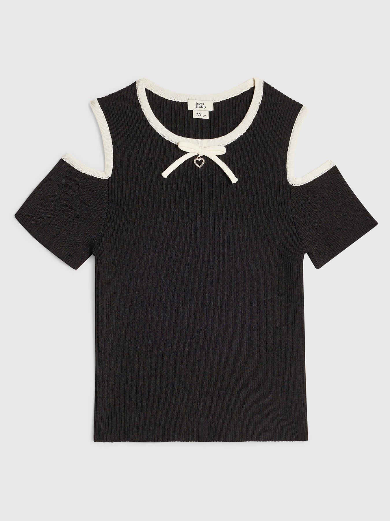 River Island Girls Cut Out Shoulder Bow Top - Black