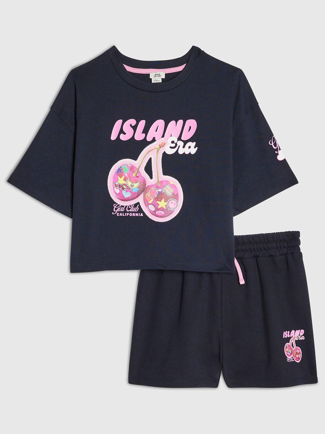 Image 1 of 5 of River Island Older Girls Cherry Era T-Shirt And Shorts Set - Navy