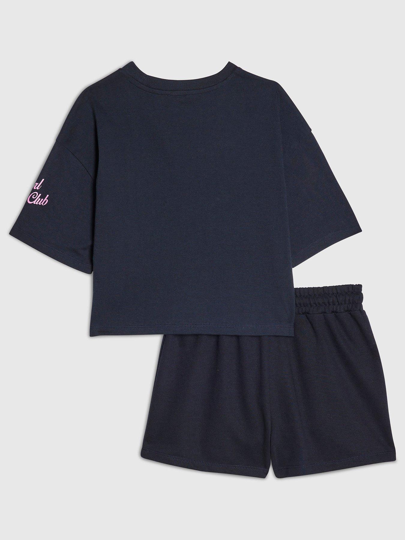 Image 2 of 5 of River Island Older Girls Cherry Era T-Shirt And Shorts Set - Navy