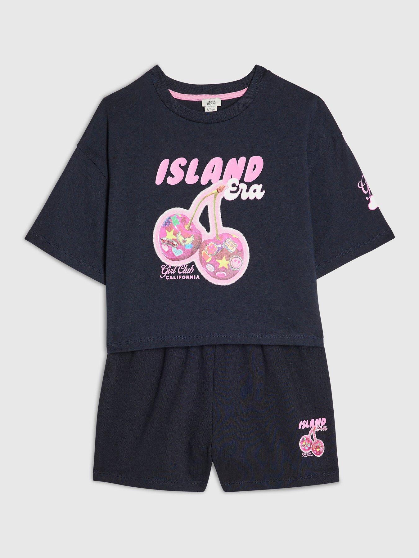 Image 3 of 5 of River Island Older Girls Cherry Era T-Shirt And Shorts Set - Navy