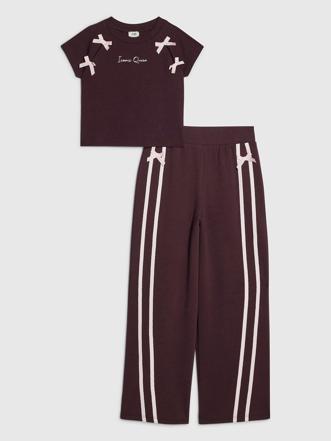 River Island Girls Bow Wide Leg Joggers Set - Burgundy - Red