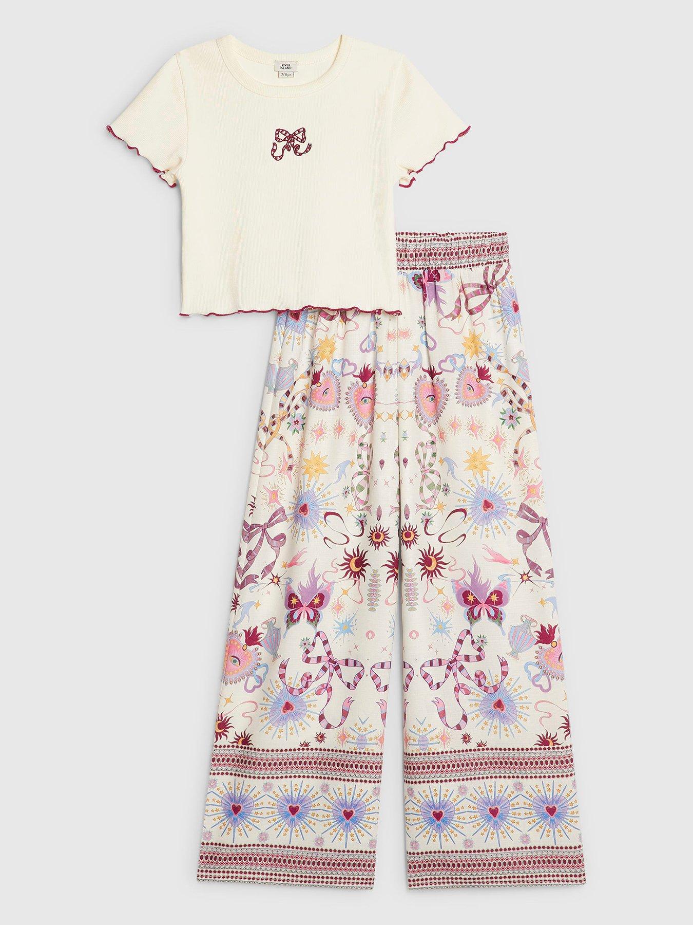 River Island Older Girls Bow T-Shirt And Trouser Set - Cream