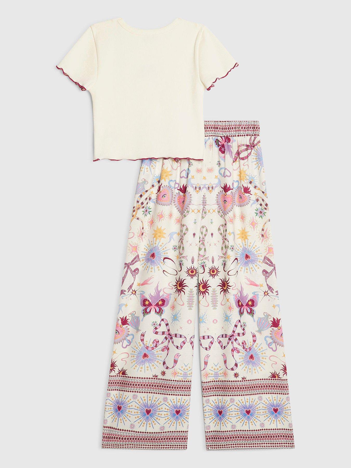 Image 2 of 5 of River Island Older Girls Bow T-Shirt And Trouser Set - Cream