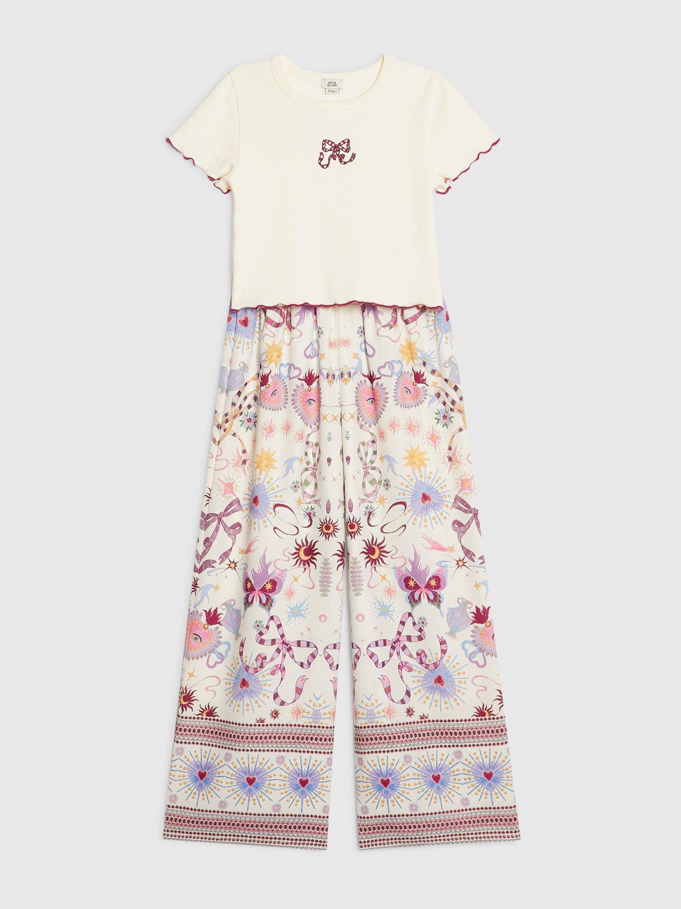 Image 3 of 5 of River Island Older Girls Bow T-Shirt And Trouser Set - Cream
