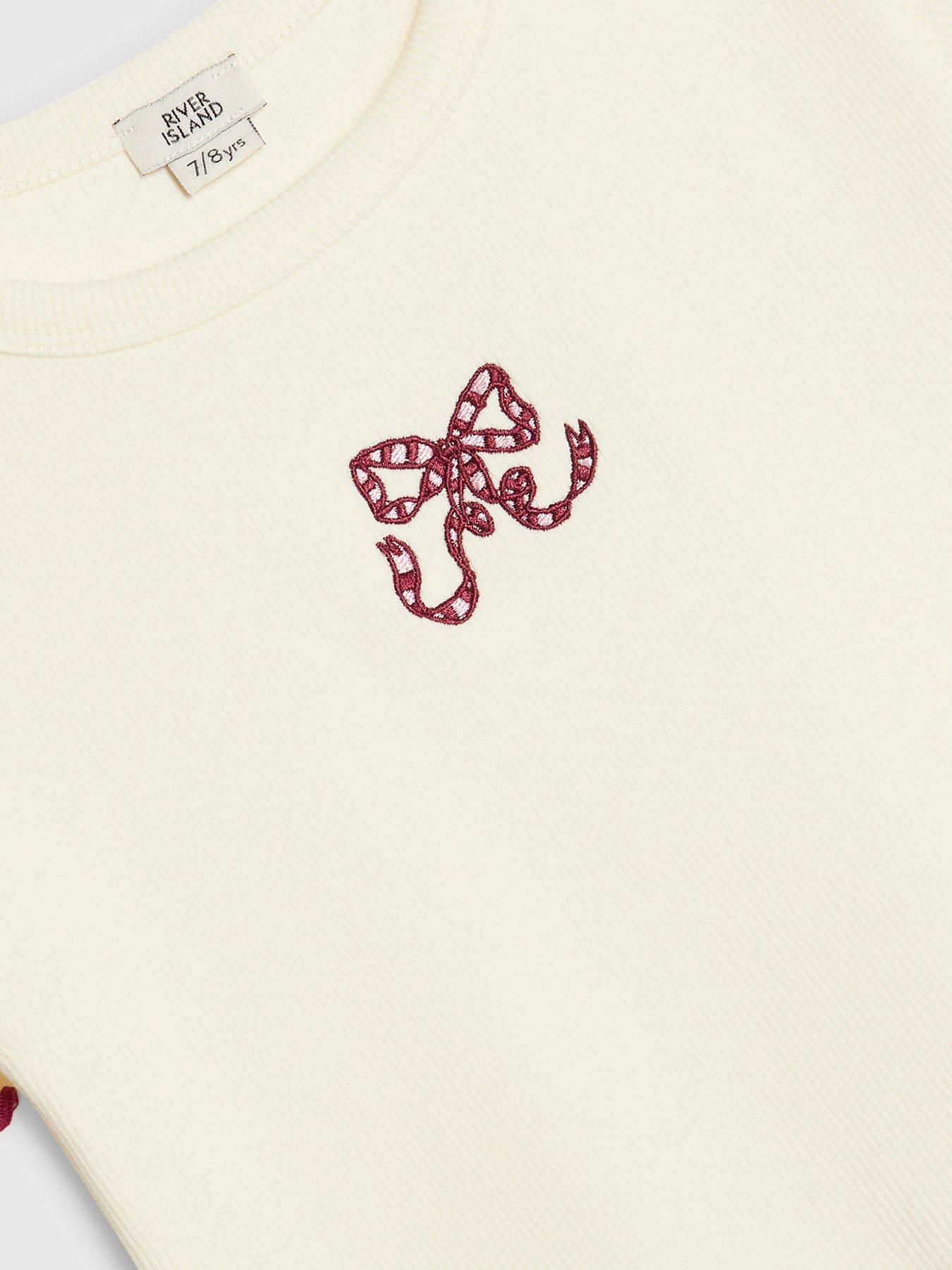 Image 5 of 5 of River Island Older Girls Bow T-Shirt And Trouser Set - Cream