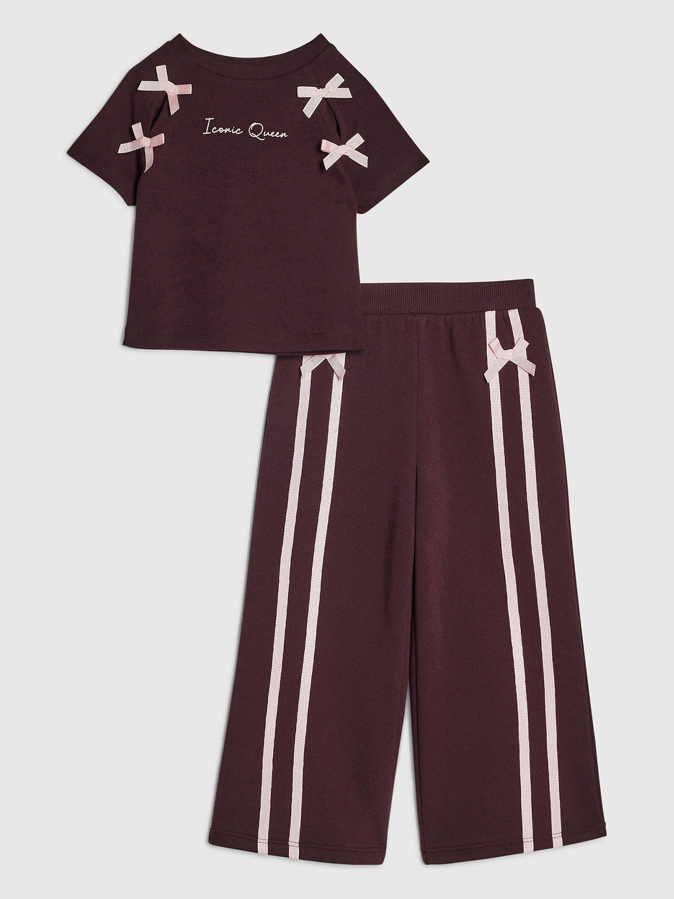 Image 1 of 5 of River Island Mini Girls Bow Detail Wide Leg Joggers Set - Burgundy
