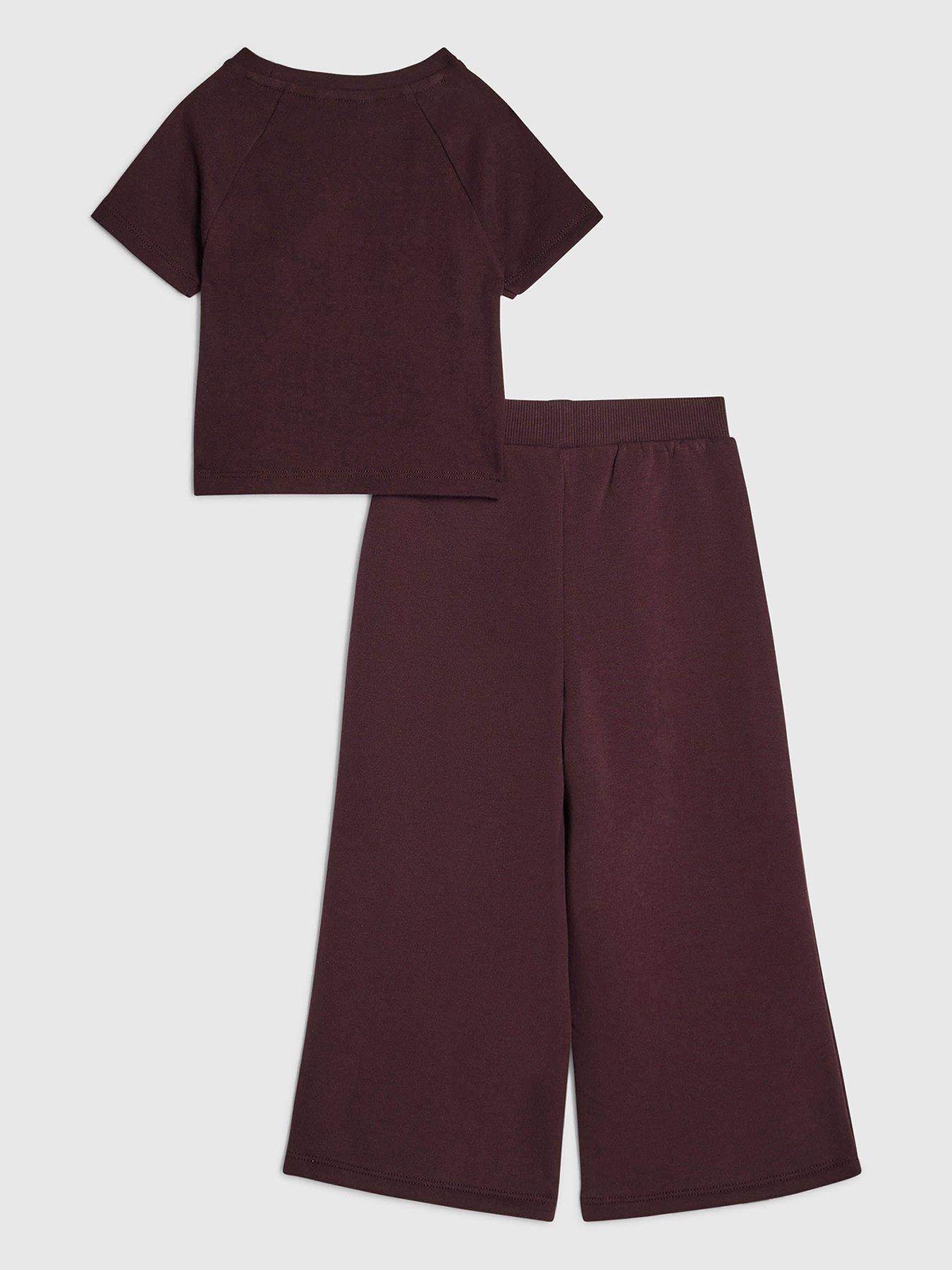 Image 2 of 5 of River Island Mini Girls Bow Detail Wide Leg Joggers Set - Burgundy