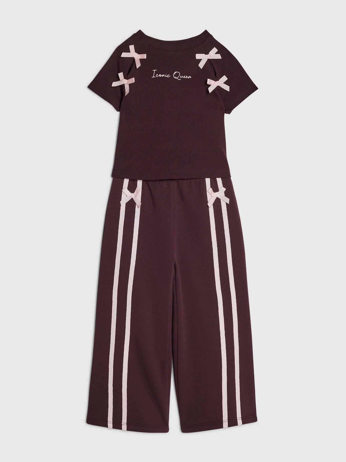 Image 3 of 5 of River Island Mini Girls Bow Detail Wide Leg Joggers Set - Burgundy