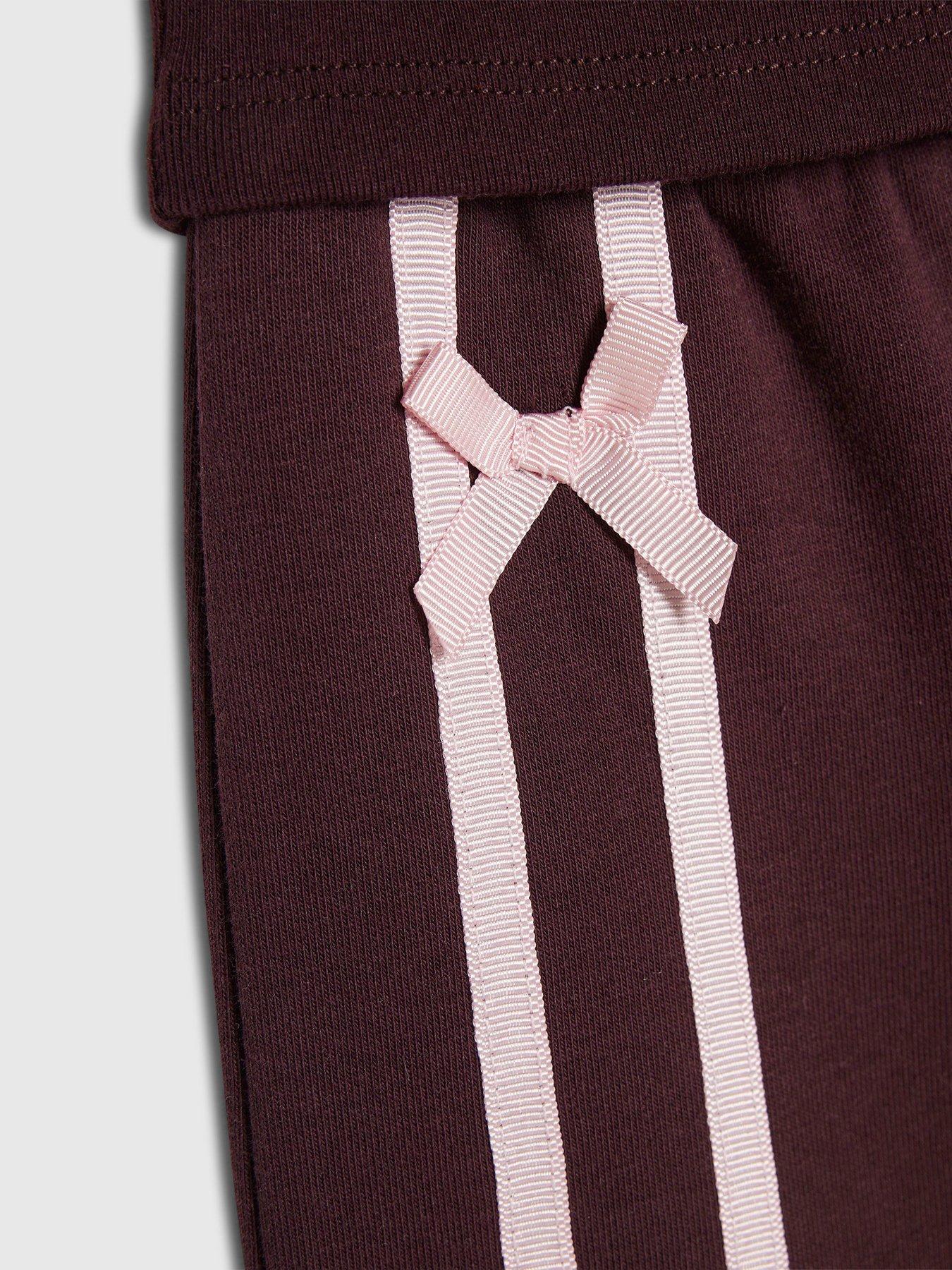 Image 4 of 5 of River Island Mini Girls Bow Detail Wide Leg Joggers Set - Burgundy