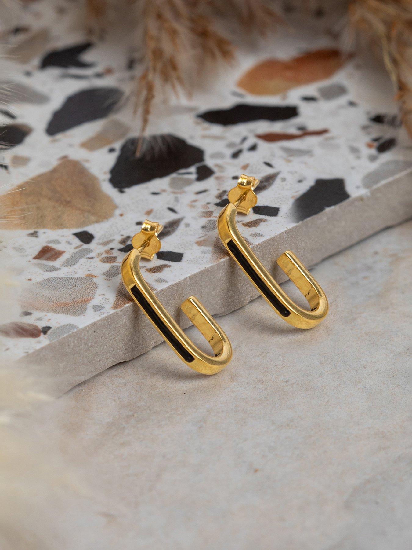 Image 4 of 5 of The Love Collection Gold Plated Sterling Silver Faux Hoop Dropper with Black Enamel