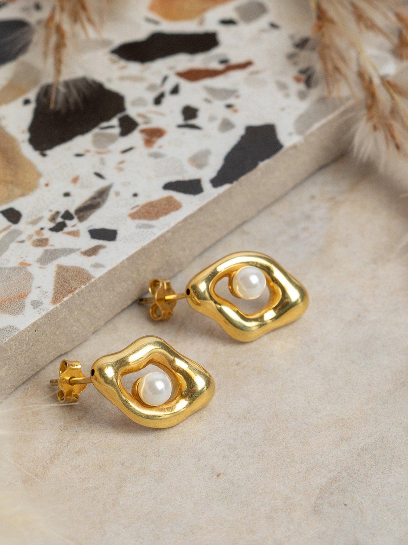 Image 4 of 5 of The Love Collection Gold Plated Sterling Silver Pearl Shaped Studs