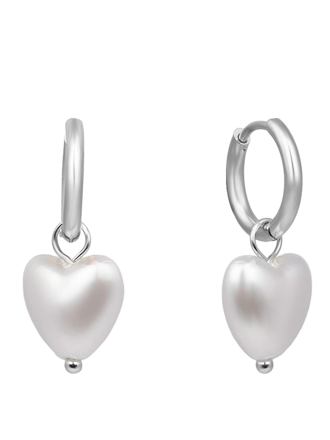 The Love Collection Stainless Steel Heart Pearl Huggies