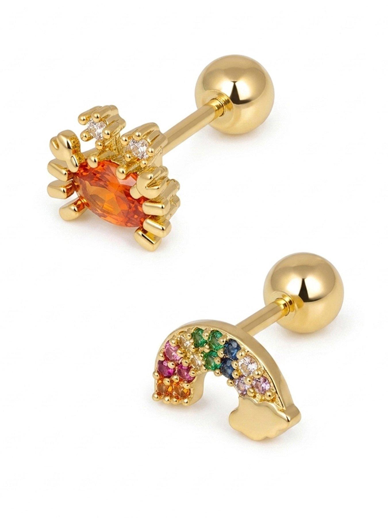 The Love Collection Gold Plated Brass Orange Crab And Rainbow Cz Screw Back Earrings Set Of 2 in Multi