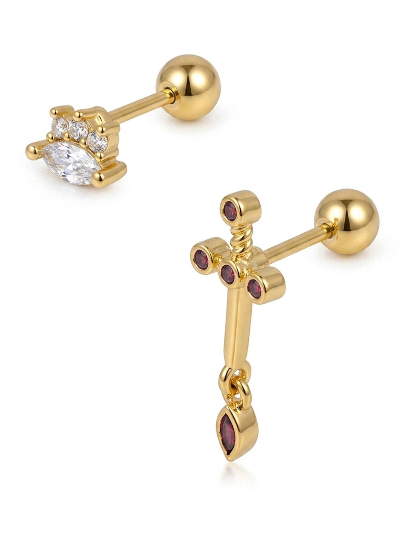 Image 1 of 5 of The Love Collection Gold Plated Brass Pink Cross and CZ Screw Back Earrings Set of 2