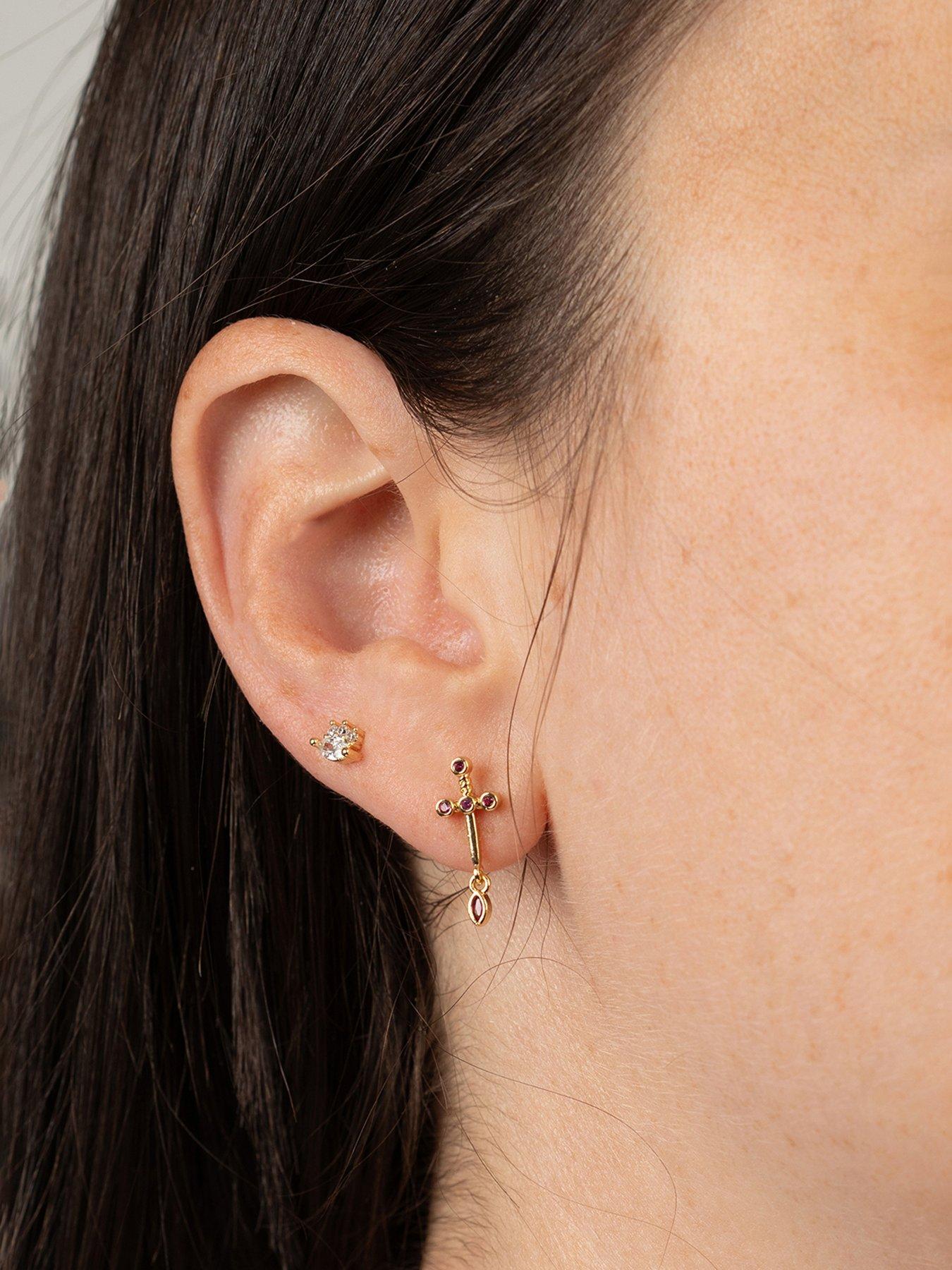 Image 2 of 5 of The Love Collection Gold Plated Brass Pink Cross and CZ Screw Back Earrings Set of 2
