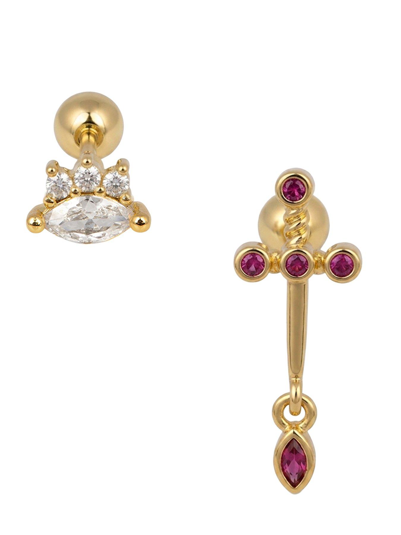Image 3 of 5 of The Love Collection Gold Plated Brass Pink Cross and CZ Screw Back Earrings Set of 2