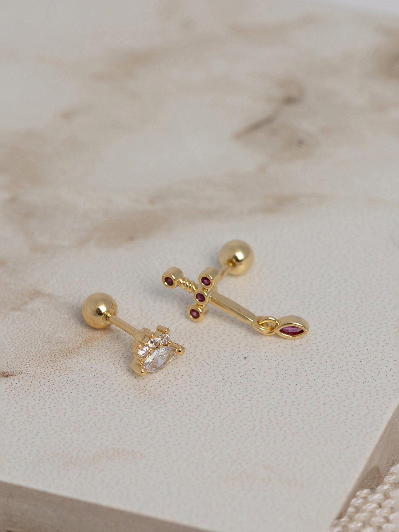 Image 4 of 5 of The Love Collection Gold Plated Brass Pink Cross and CZ Screw Back Earrings Set of 2