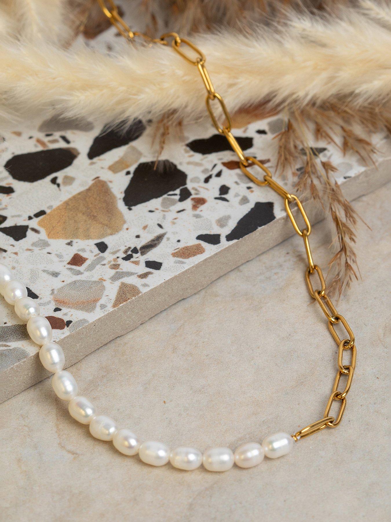 Image 4 of 5 of The Love Collection Gold Plated Stainless Steel Chunky Link and Freshwater Pearl Necklace
