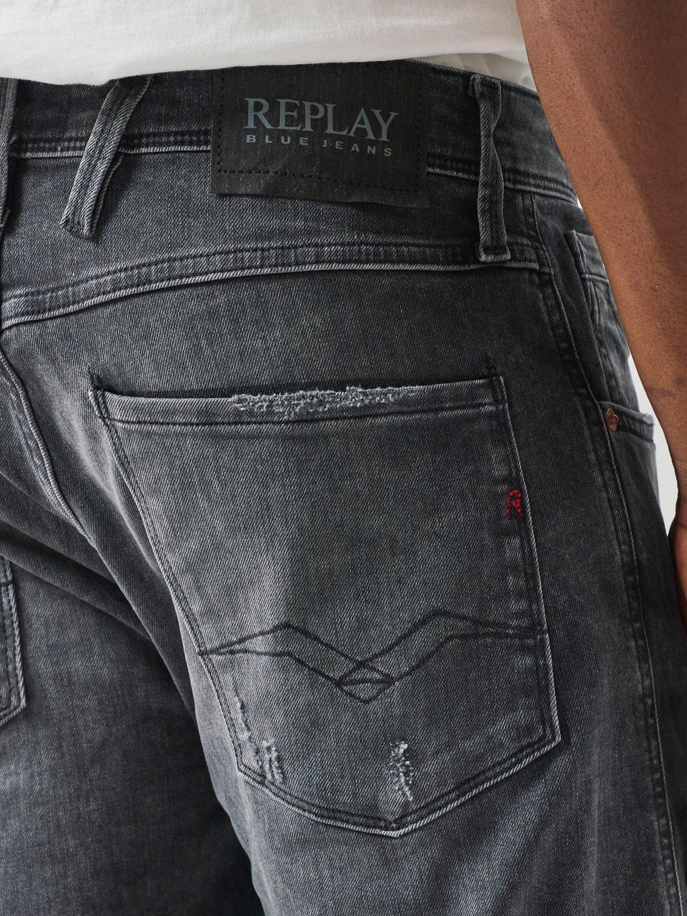 Image 6 of 6 of Replay Replay Anbass Distressed Slim Fit Jeans - Dark Grey