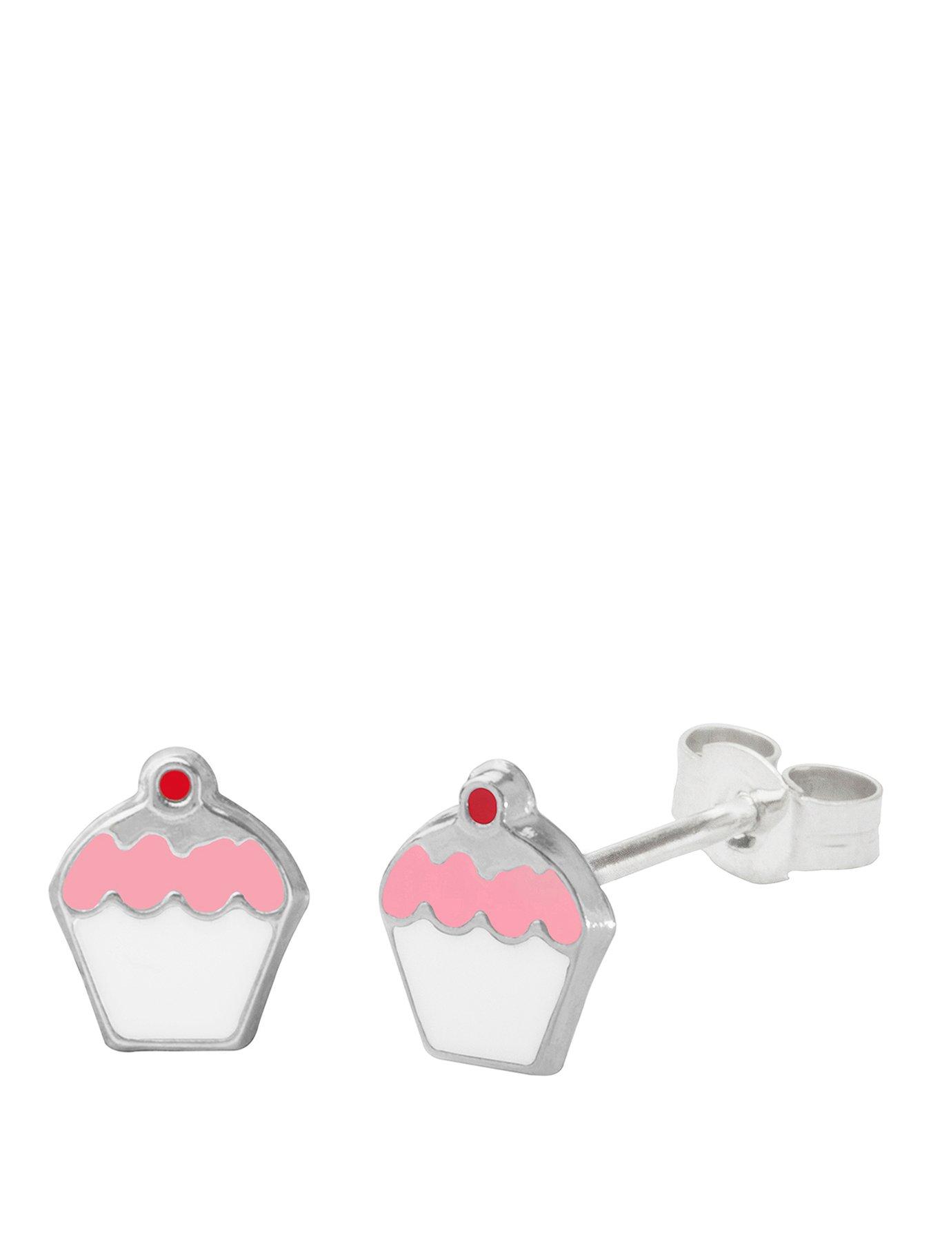 Image 1 of 6 of The Love Collection Sterling Silver Enamel Cupcake Stud Earrings with Cupcake Novelty Box
