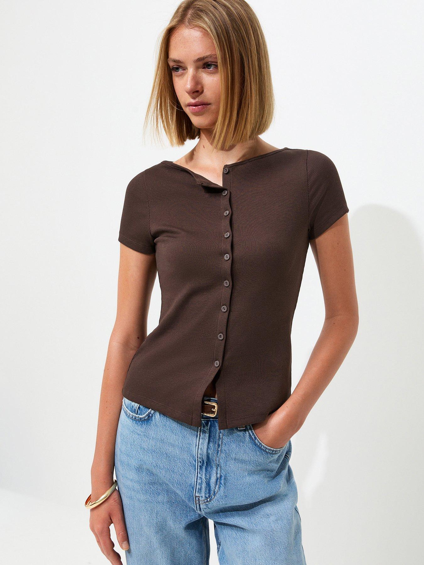 Image 1 of 6 of New Look Cotton Rich Button Through Baby Tee T-Shirt - Brown