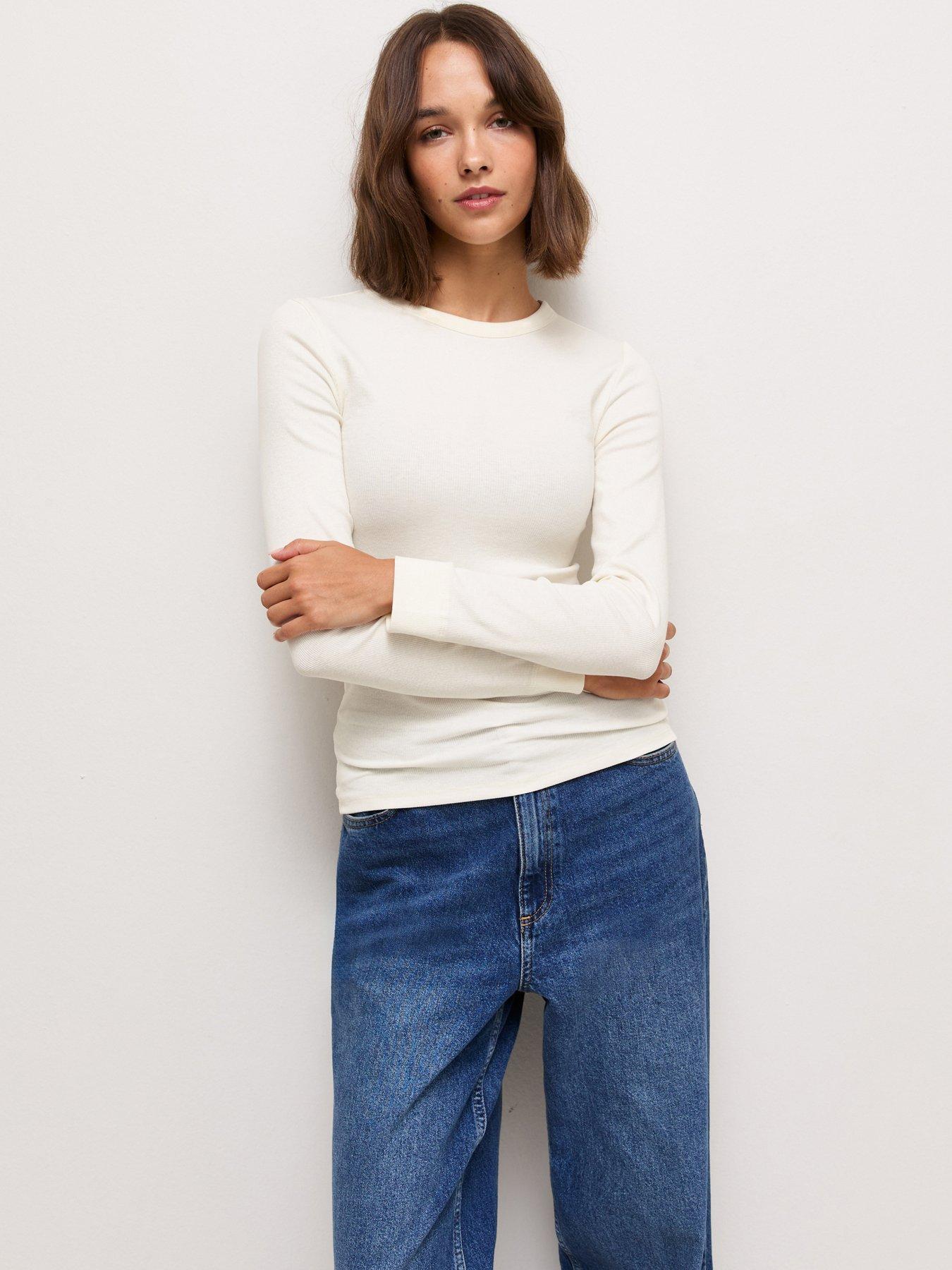 New Look Cotton Rich Ribbed Crew Neck Long Sleeve Top - Cream