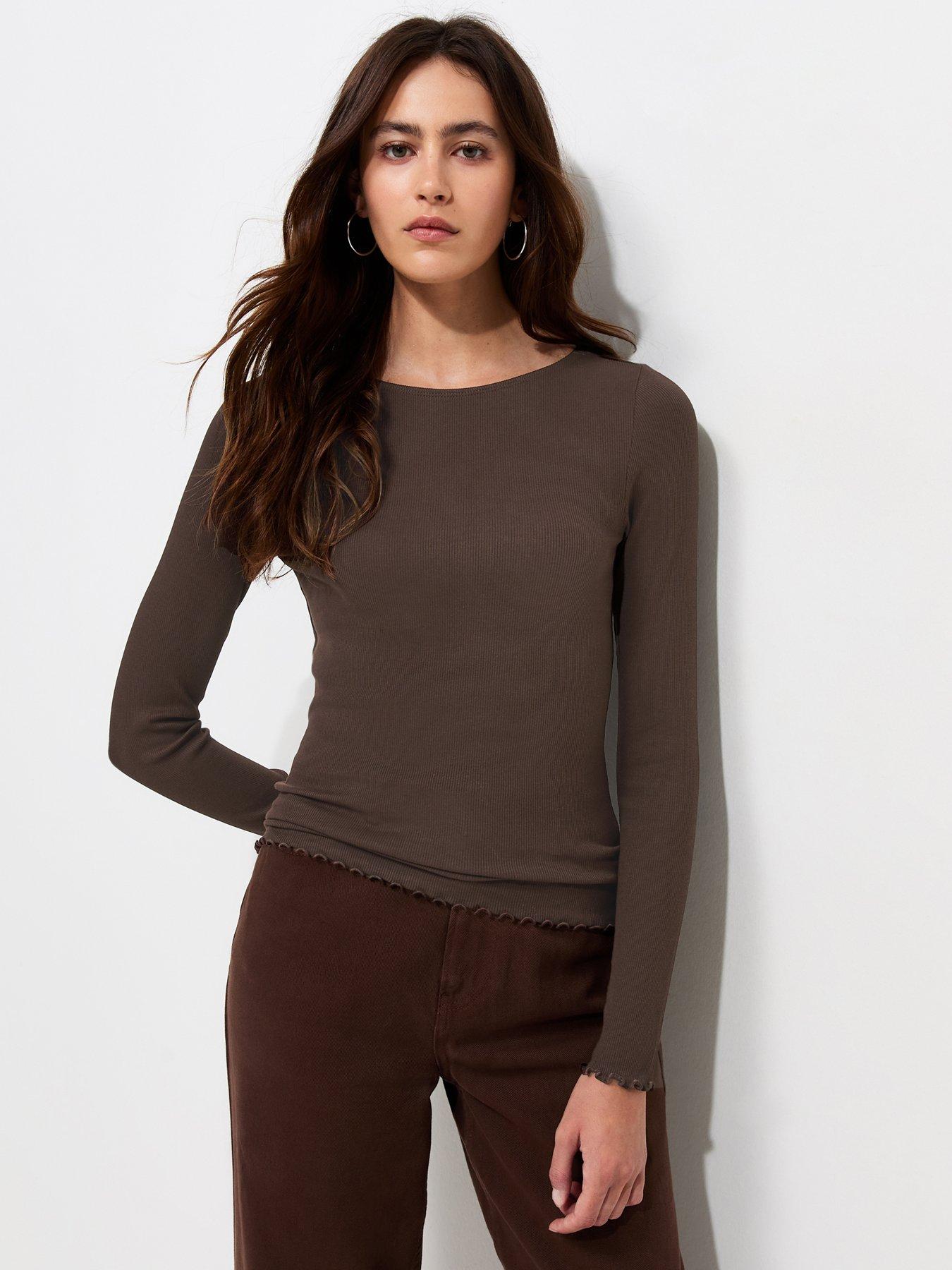 New Look Dark Brown Cotton Rich Babylock Slash Neck Long Sleeve Top