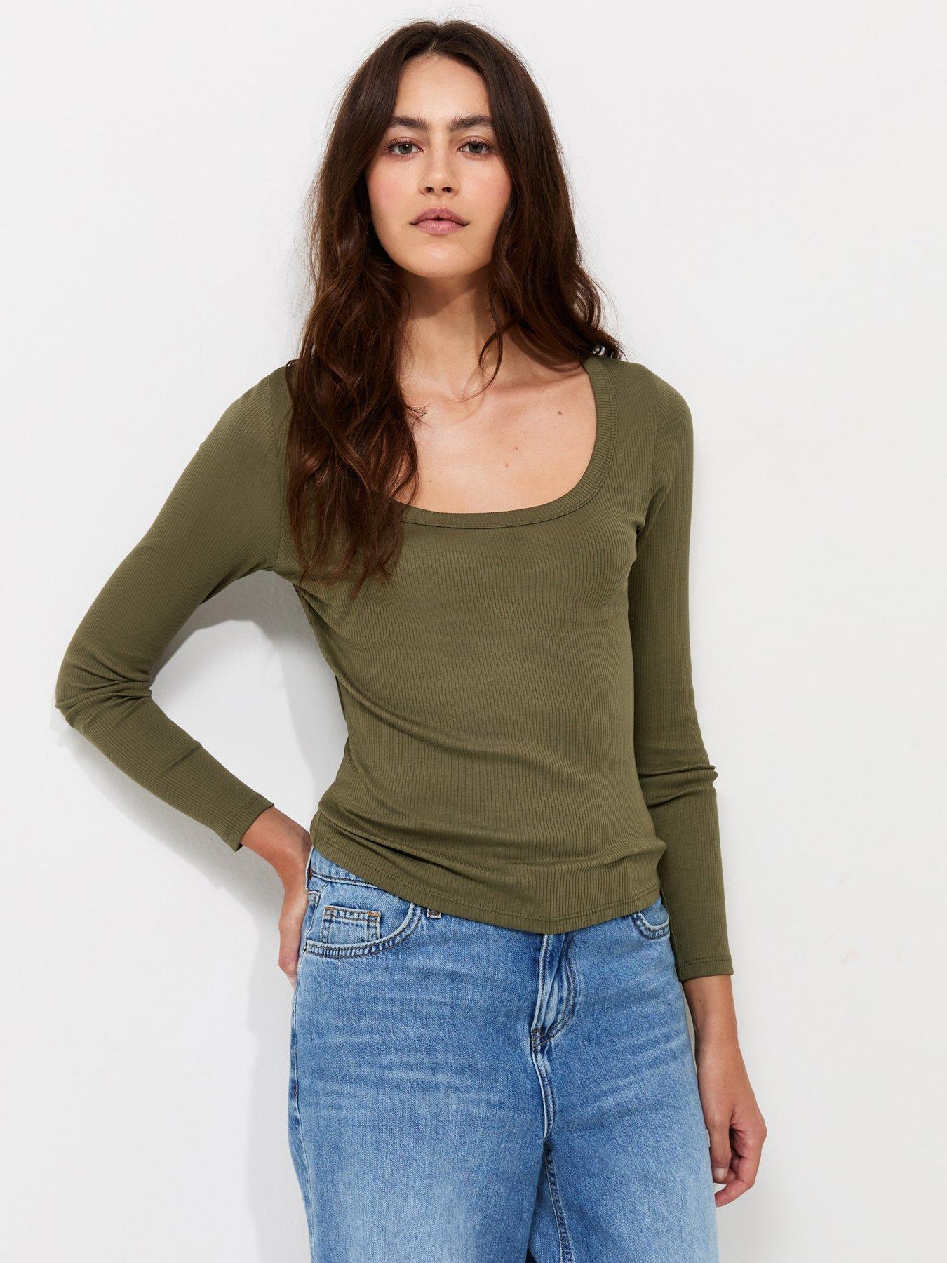 New Look Cotton Rich Long Sleeve Ribbed Scoop Neck Top - Green