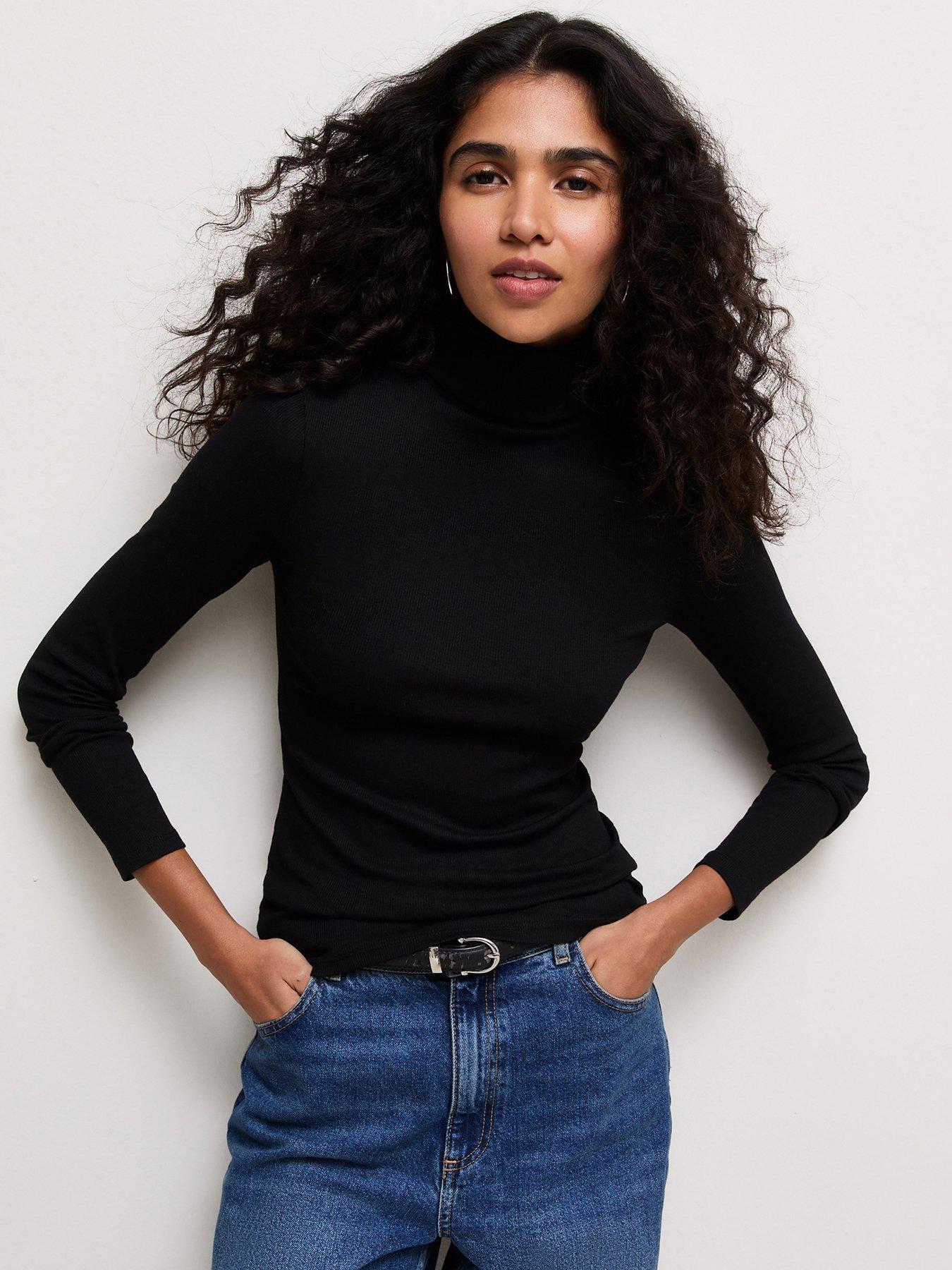 Image 1 of 5 of New Look Womens Ribbed Roll Neck Long Sleeve Blouse - Black