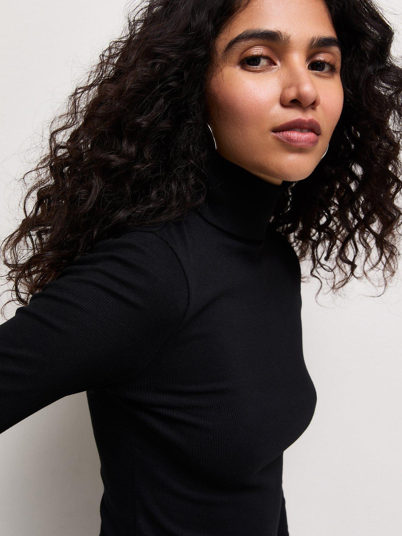 Image 4 of 5 of New Look Womens Ribbed Roll Neck Long Sleeve Blouse - Black