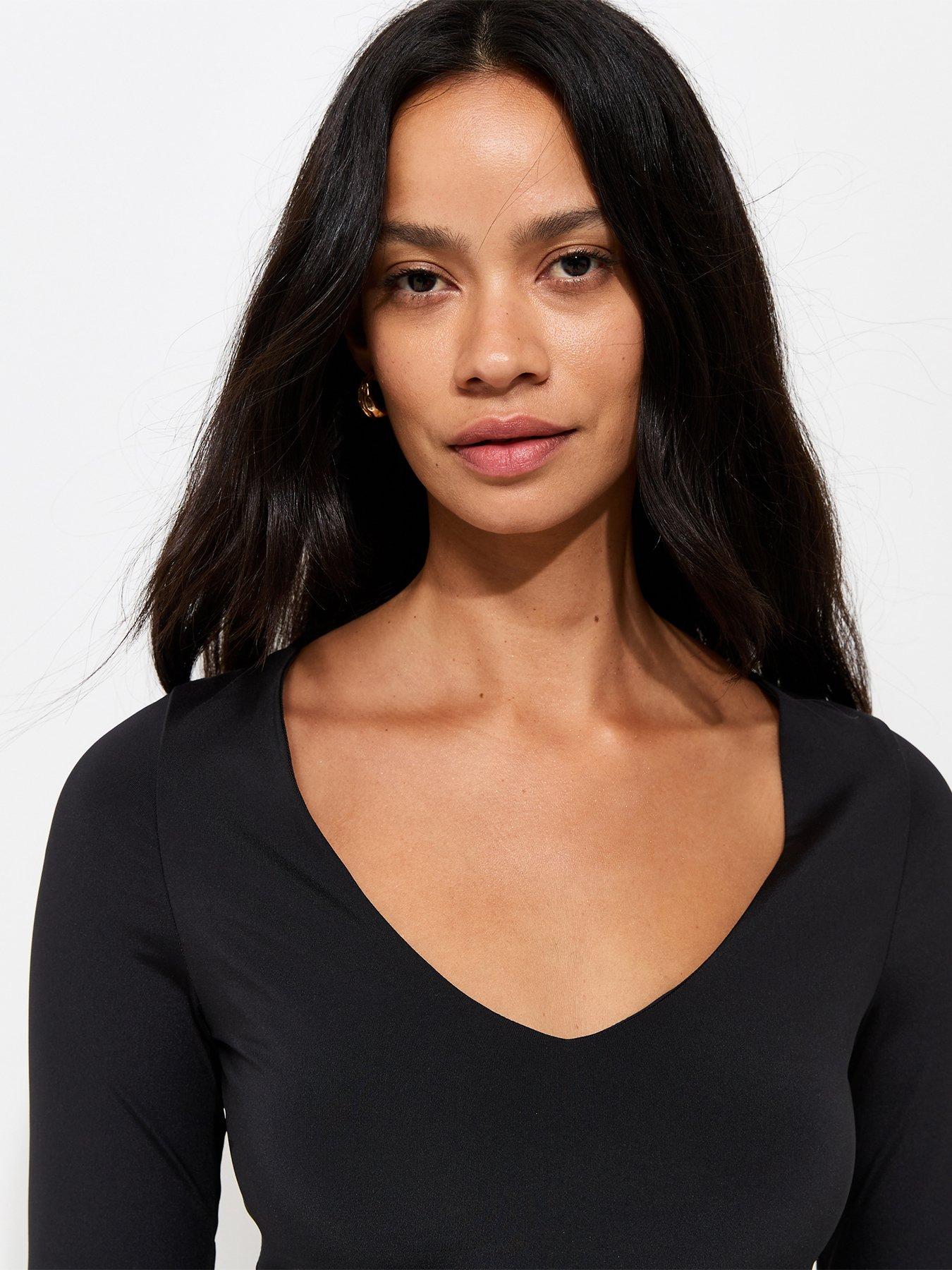 Image 4 of 5 of New Look Womens Slinky Jersey V-Neck Long Sleeve Blouse - Black