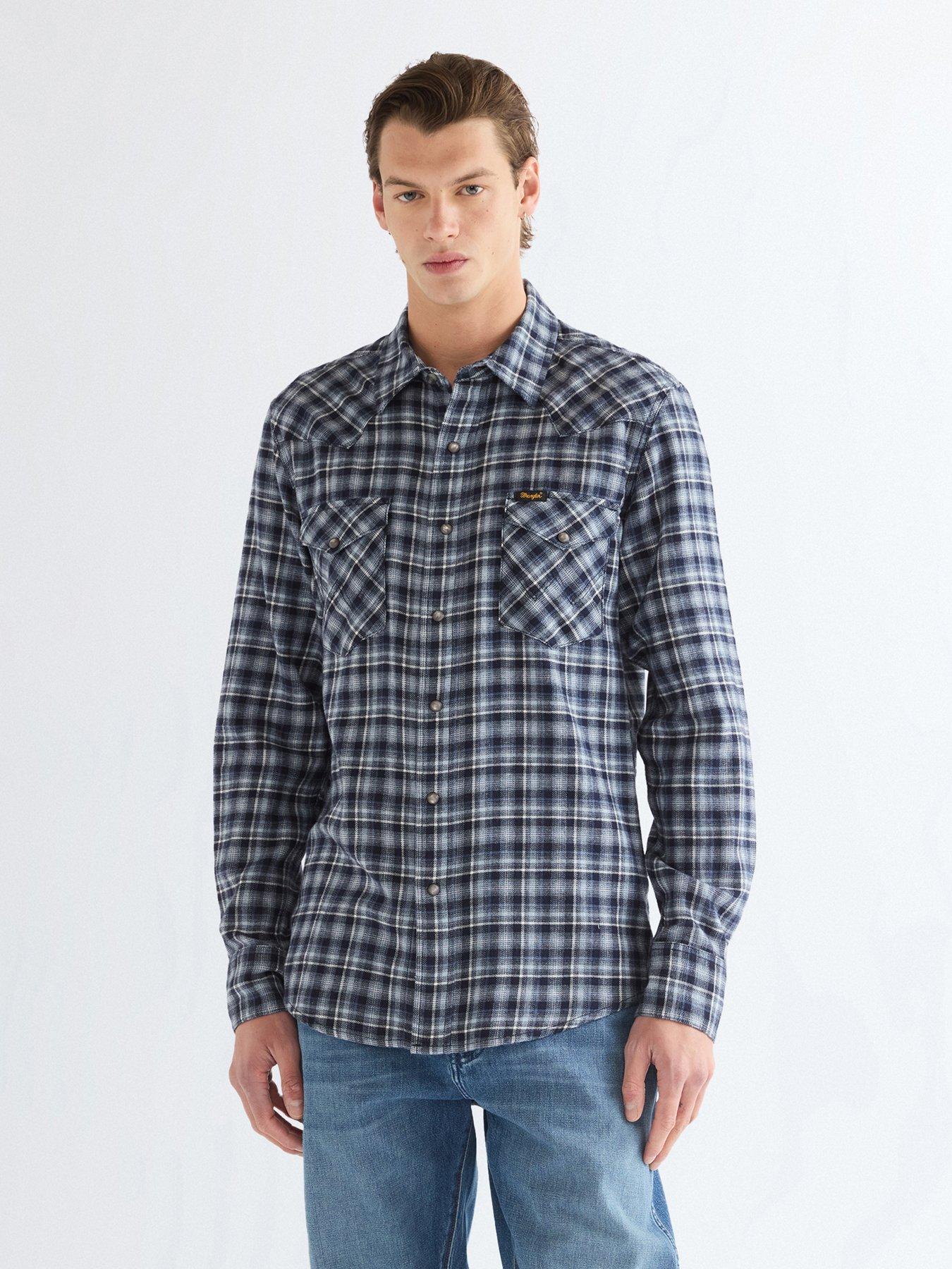 Image 1 of 5 of Wrangler Western Check Long Sleeve Shirt - Dark Blue