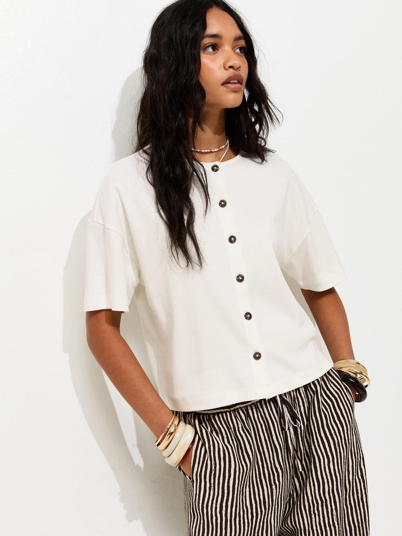 New Look Premium Off White Heavyweight Cotton Button Through T-shirt