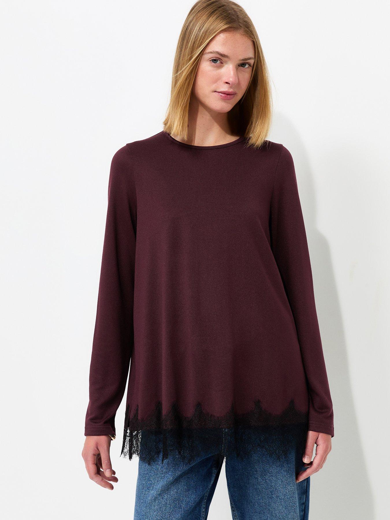 New Look Lace Hem Long Sleeve Top - Red