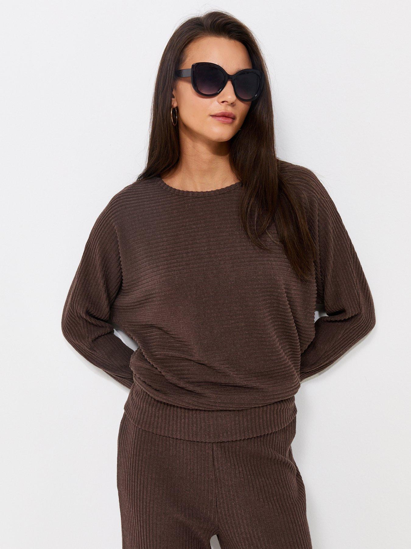 New Look Soft Touch Ribbed Batwing Sleeve Top - Brown