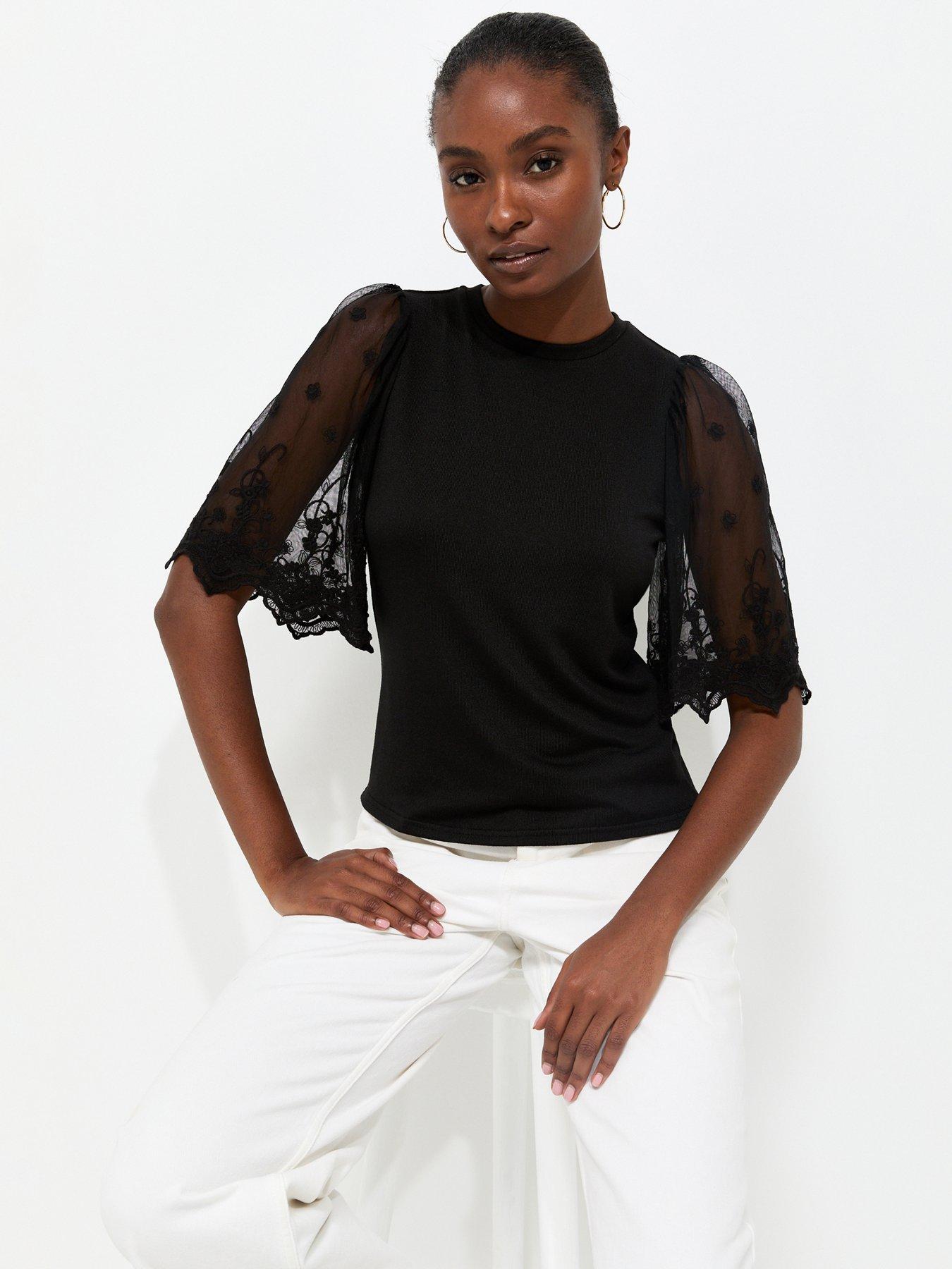New Look Soft Touch Lace Sleeve T-Shirt - Black