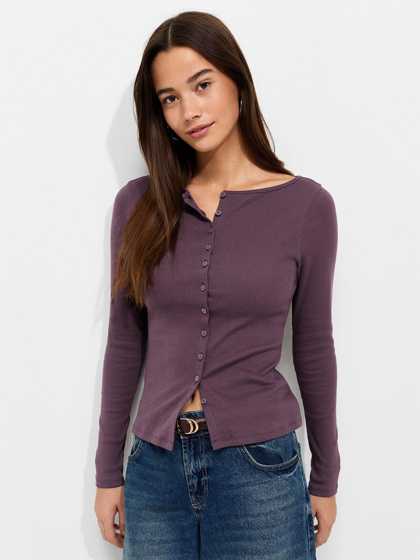 Image 1 of 5 of New Look Womens Ribbed Button Through Slash Neck Blouse - Burgundy